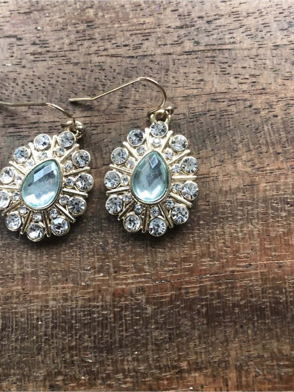 Gold-Tone Earrings with Light Blue Teardrop and Clear Crystals - Costume Jewelry - Picture 1 of 1